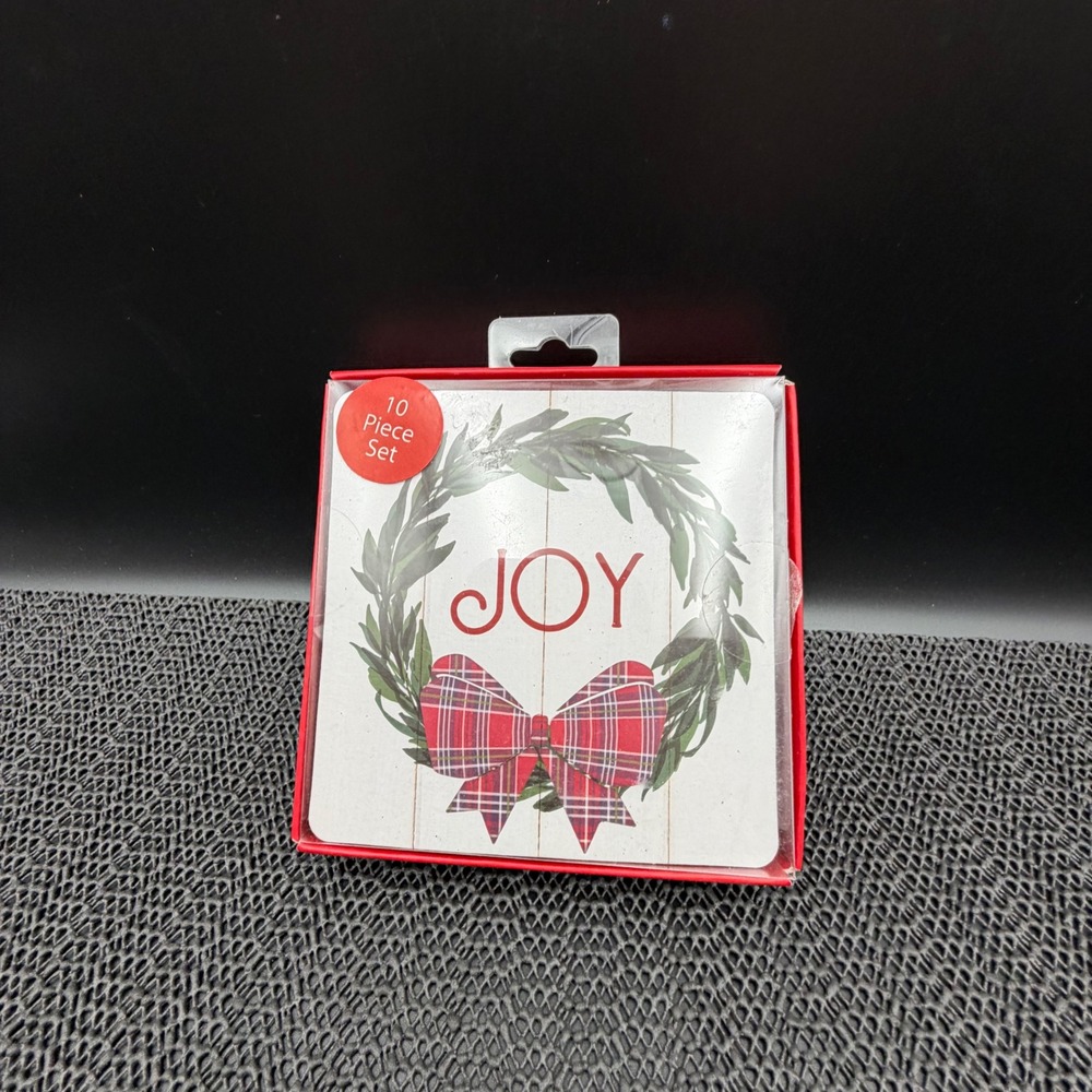 Boston Warehouse JOY Christmas Coasters 10 Pc Set Wreath Plaid Bow Holiday